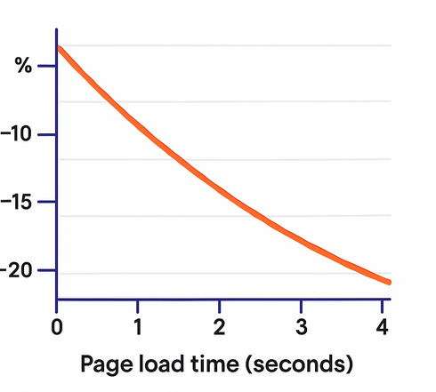 Line chart showing conversion rate decreasing as page load time increases from 0 to 5 seconds
