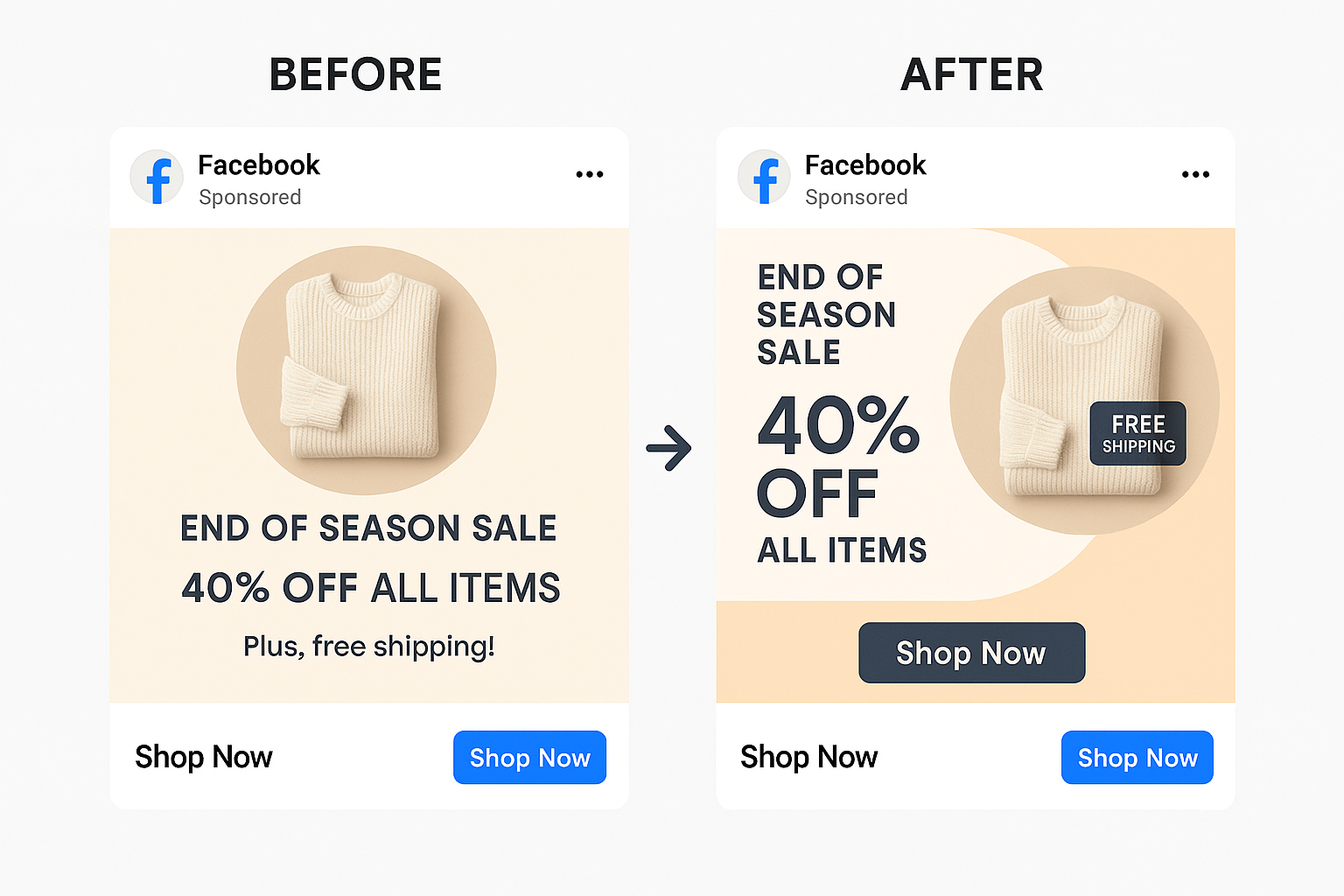 Side-by-side of original Facebook ad and updated version with new layout and motion effects