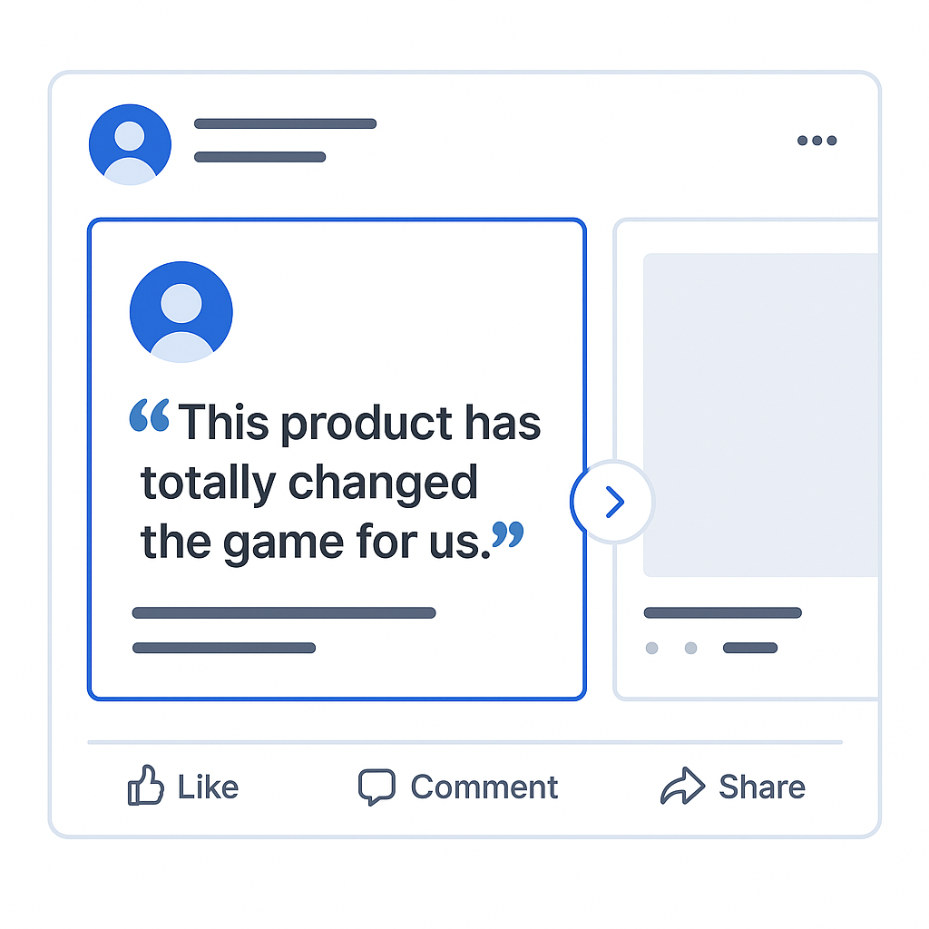 Mock Facebook ad showing a testimonial quote as the main carousel card to highlight social proof.