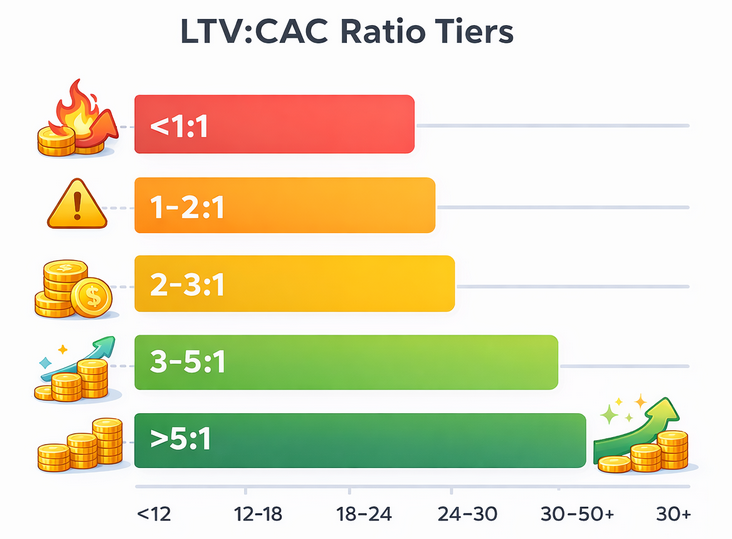 Bar chart showing LTV:CAC ratio tiers from less than 1:1 (danger) to more than 5:1 (efficient), with 3:1 highlighted as healthy
