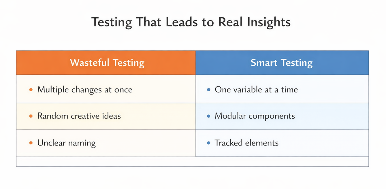 Simple table comparing wasteful vs smart ad testing strategies in Facebook campaigns.