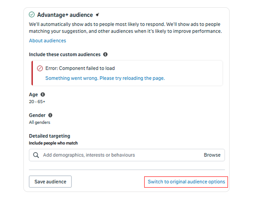 Screeshot showing an option to turn off Meta Advantage+ audience in the Ads Manager