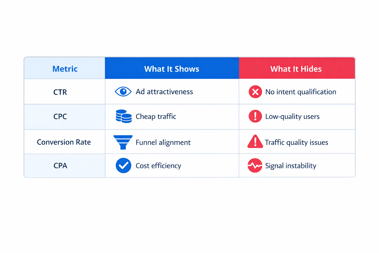 Metric distortion table showing CTR, CPC, conversion rate, and CPA vs hidden risks