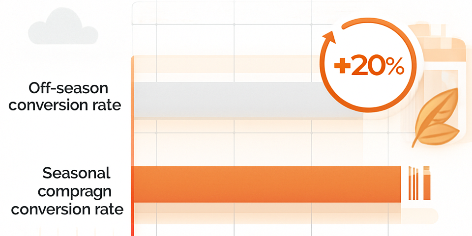 Bar chart comparing baseline conversion rate versus seasonal campaign conversion rate showing a 20 % uplift