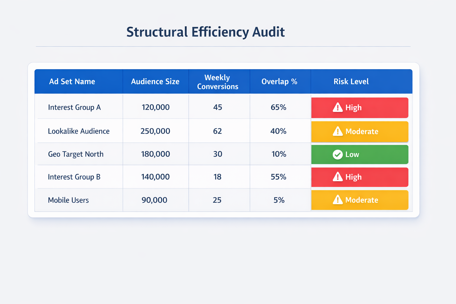 Heatmap table auditing ad set efficiency by conversions, overlap, and risk level