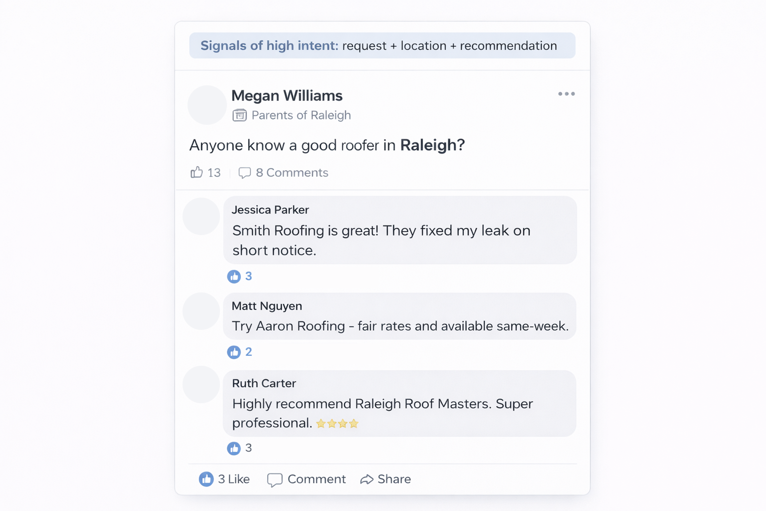 Facebook group mockup with local service recommendations.