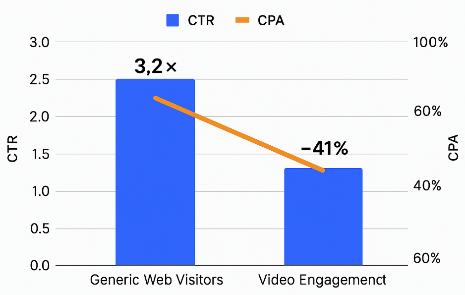 Combined chart showing 3.2 times higher click-through rate (CTR) and 41% lower cost per acquisition (CPA) when retargeting users based on video engagement versus generic web visitors