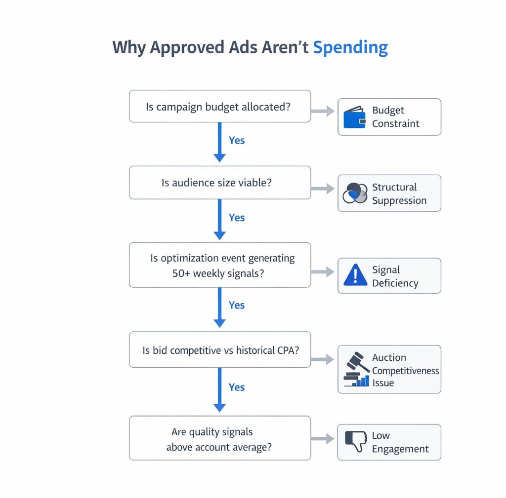 Meta Ads approved but not spending flowchart showing auction viability diagnostic steps