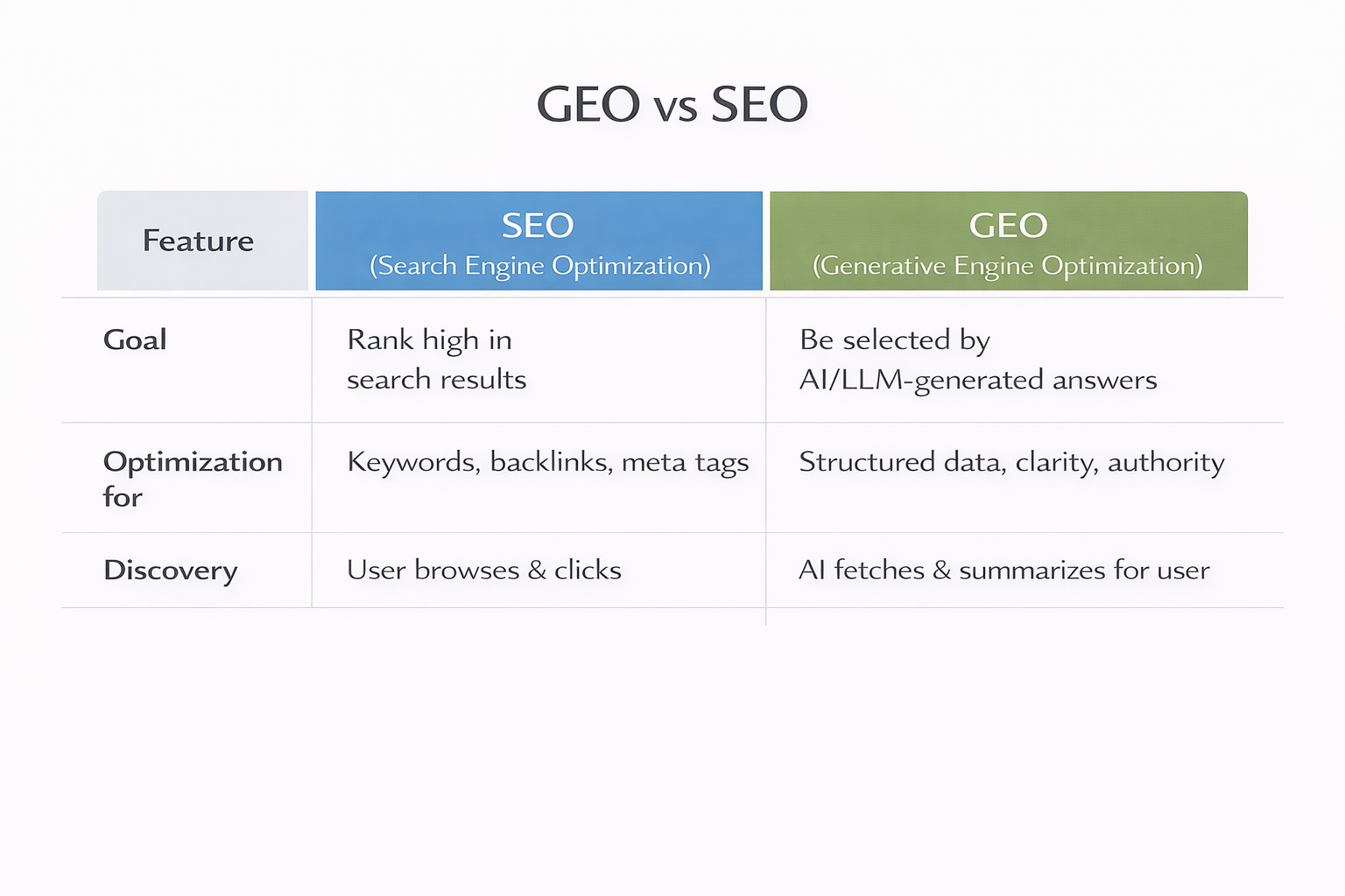 Comparison chart showing key differences between SEO and GEO in goal, optimization methods, and discovery behavior.
