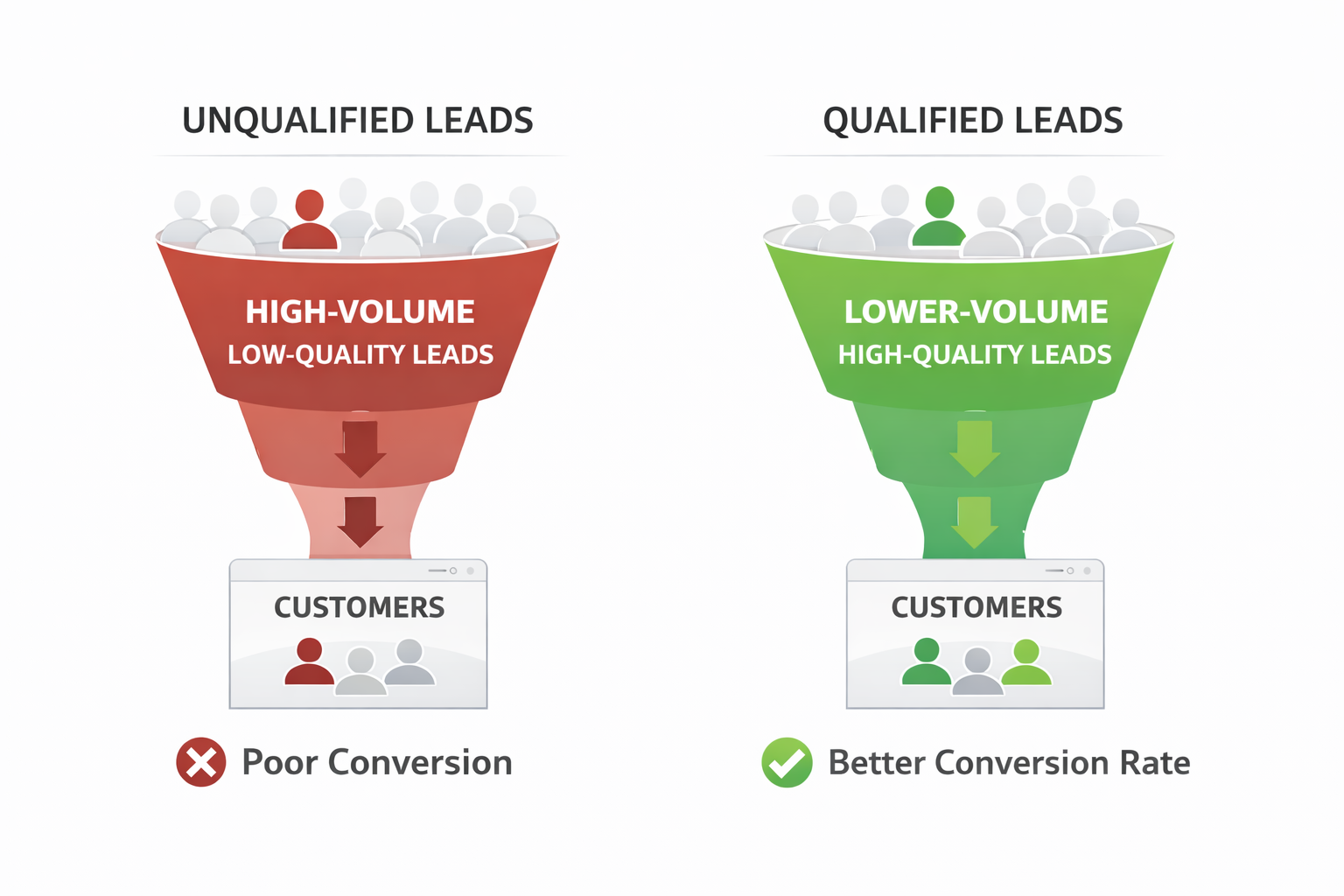 Side-by-side funnel diagram showing unqualified leads with poor conversion vs. qualified leads with better conversion rate.
