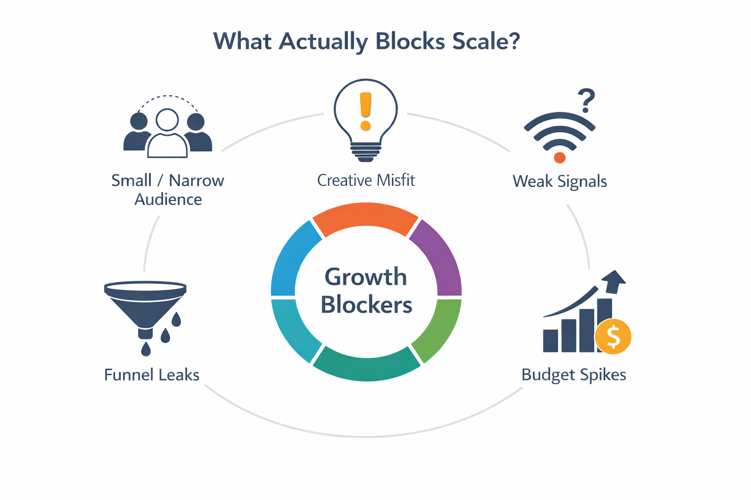 Diagram showing five factors that block Facebook ad scaling: audience size, creative fit, signals, budget changes, and funnel issues.