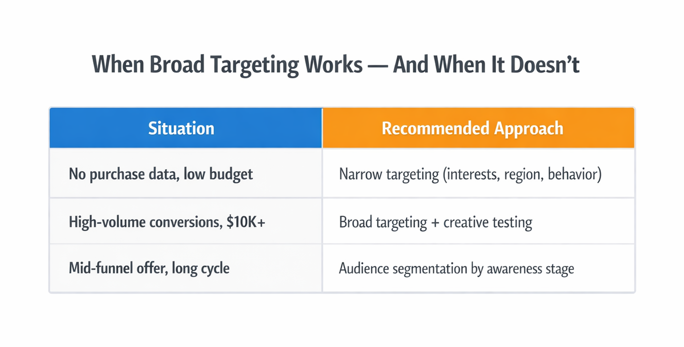 Table showing when to use broad targeting or narrow targeting in digital advertising based on budget and data