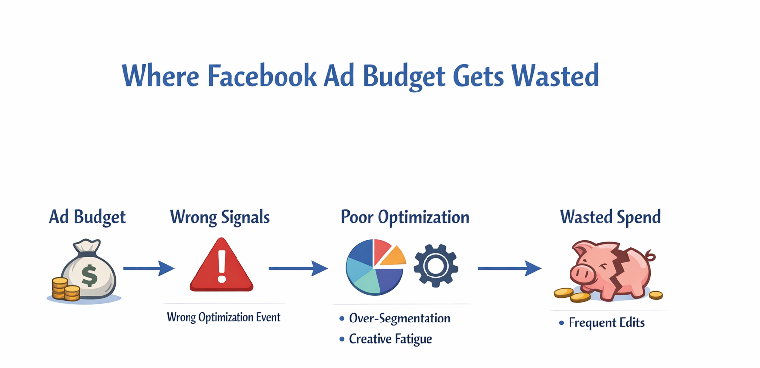 Diagram showing how Facebook ad budget gets wasted due to wrong signals, poor optimization, and frequent edits.