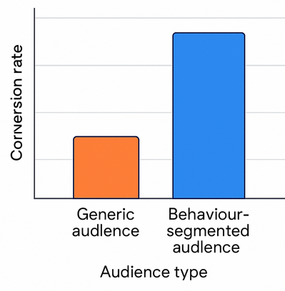 Bar chart comparing conversion rate of generic audience versus behaviour-segmented audience, showing the segmented audience with roughly triple the conversion rate