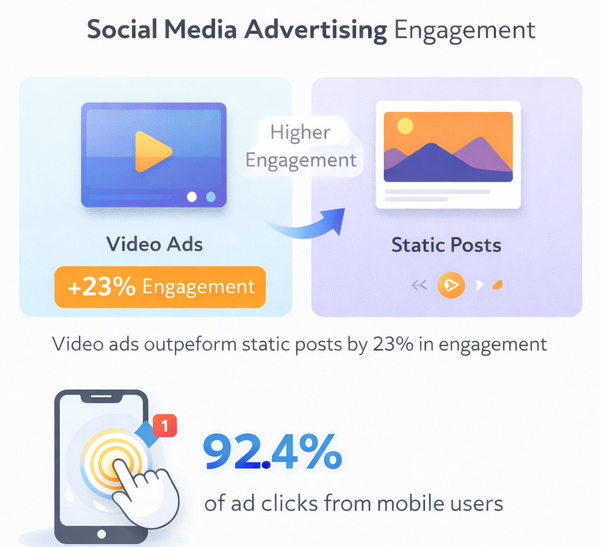 A visual comparing social media advertising engagement: video ads have 23% higher engagement than static posts, and mobile users drive 92.4% of ad clicks.