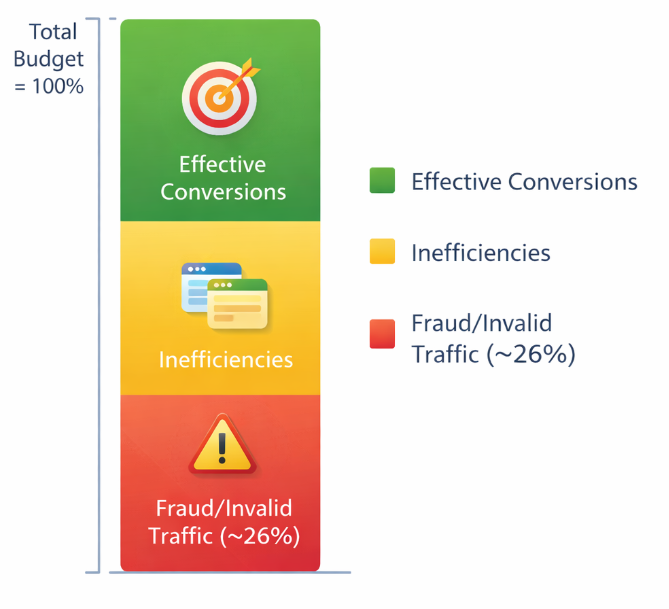 Stacked bar chart illustrating how portions of advertising budget are lost to inefficiencies and fraud within campaign structures