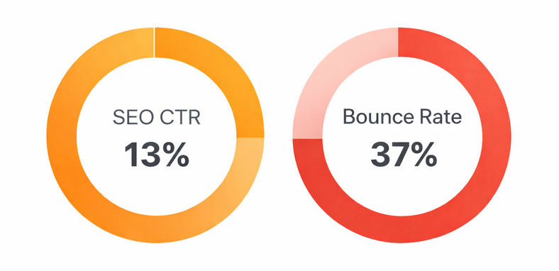 Two radial charts showing average SEO click-through rate at 13% and average website bounce rate at 37%
