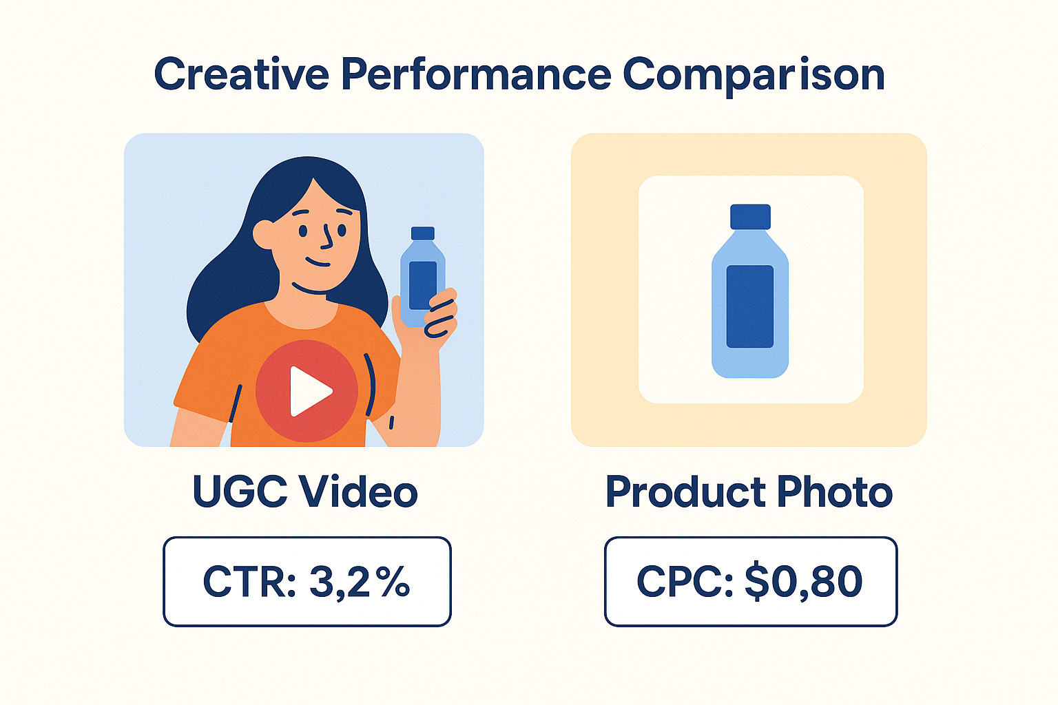 2D illustration comparing UGC video and product photo ad performance by CTR and CPC