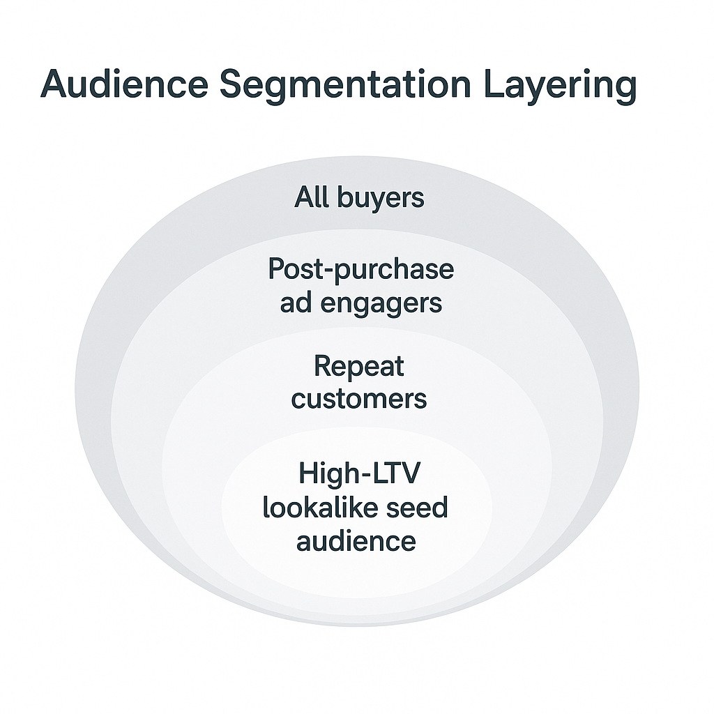 Layered diagram showing audience segments from all buyers to high-LTV lookalike seed audience.