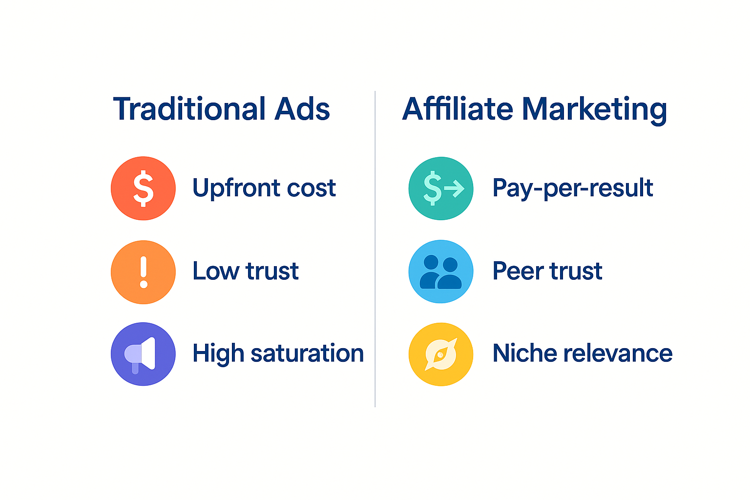 Side-by-side comparison chart of Traditional Ads vs Affiliate Marketing, showing key differences in cost, trust, and targeting.