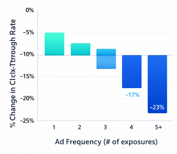 Line chart showing click-through rate dropping 15&ndash;25% with increased ad exposures within the same audience