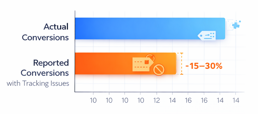 Horizontal bar chart comparing actual conversions versus reported conversions with broken tracking showing a 15&ndash;30% decrease