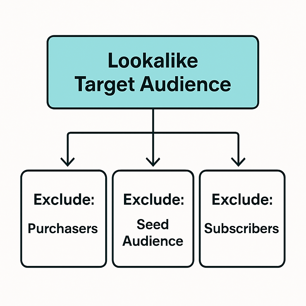 Flowchart showing “Lookalike Target Audience” at the top with arrows pointing to three exclusion boxes: “Exclude: Purchasers,” “Exclude: Seed Audience,” and “Exclude: Subscribers.”