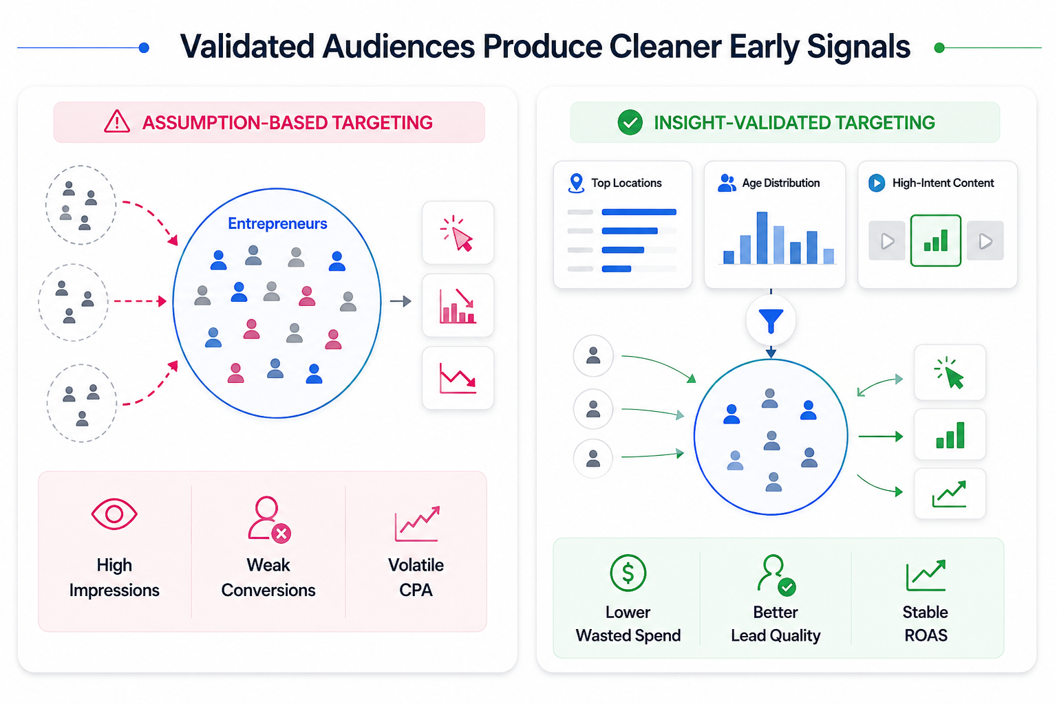 Comparison of assumption-based Instagram ad targeting versus insight-validated targeting using Instagram Insights data and filtered audience signals.
