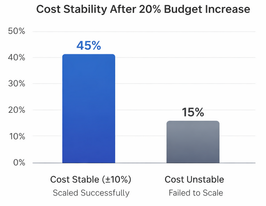 Bar chart comparing the percentage of campaigns that maintained stable cost per conversion after a 20% budget increase and scaled successfully versus those that did not