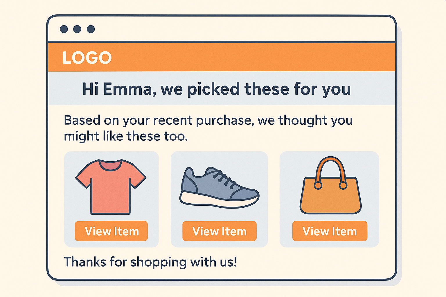 Personalized email mockup featuring a greeting with the recipient’s name, product recommendations based on past purchases, and a friendly message.