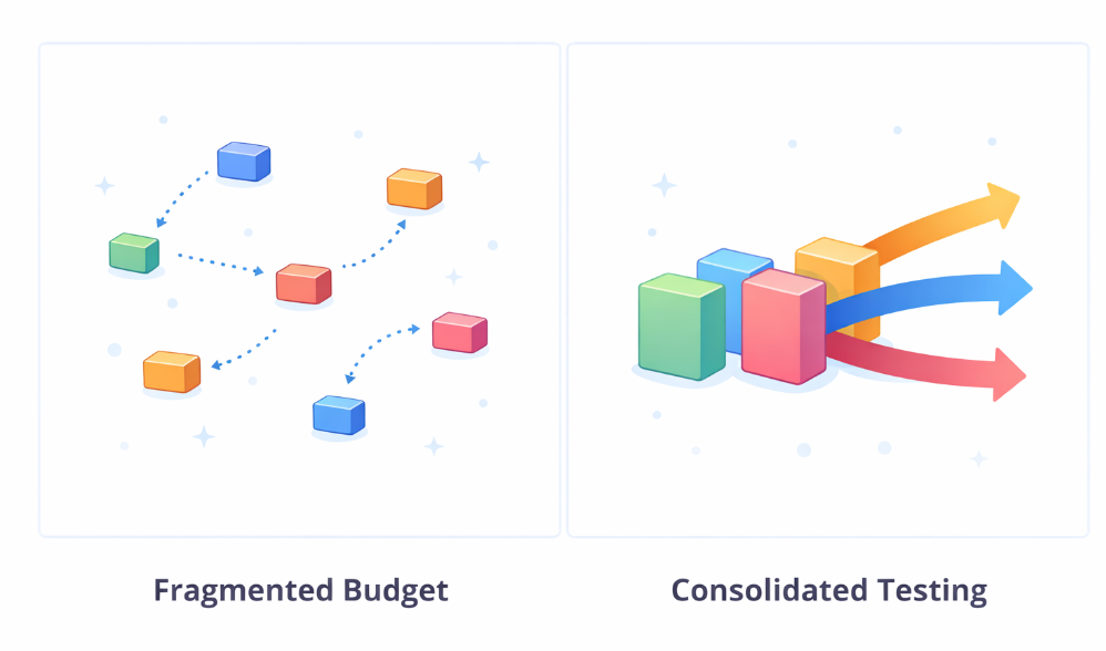 Diagram comparing fragmented budget allocation with low delivery per creative versus consolidated budget leading to sufficient data and clearer performance insights