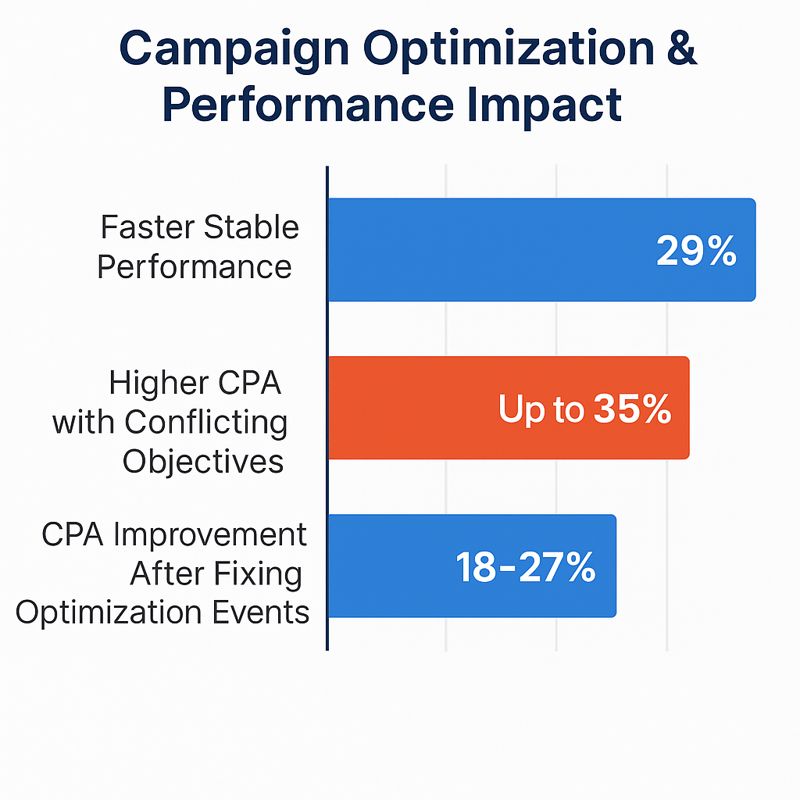 Bar chart showing three performance metrics: 29% faster stable performance when optimizing a single conversion goal, up to 35% higher CPA with conflicting objectives, and 18&ndash;27% CPA improvement after fixing optimization events