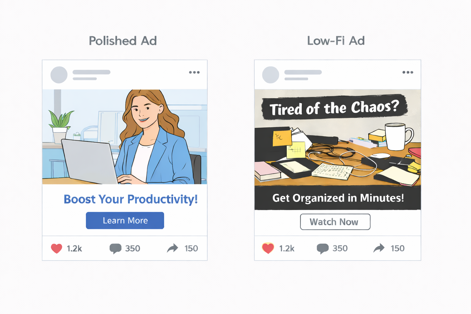Side-by-side comparison of a polished vs low-fi social media ad mockup with matching layout and engagement icons.