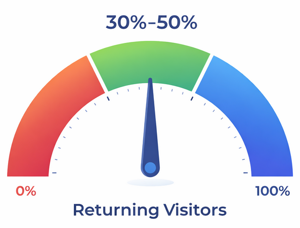 Gauge chart showing a returning visitor percentage range from 30% to 50%, representing healthy re-engagement levels
