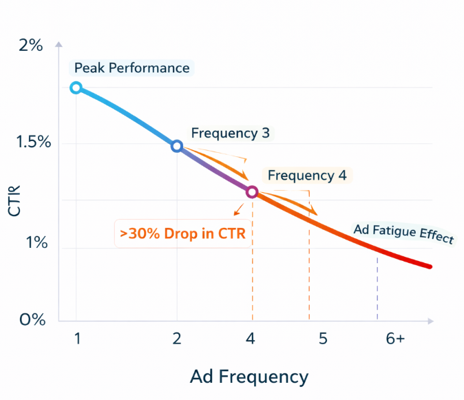 Line chart showing click-through rate decreasing as ad frequency increases, with a significant drop after 3 to 4 exposures
