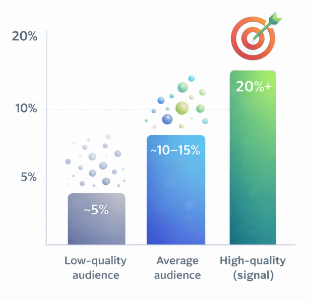 Bar chart comparing conversion rates by audience quality showing higher conversions for high-intent signal audiences versus low-quality noise audiences