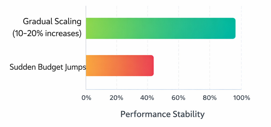 Bar chart comparing performance stability: gradual budget increases (about 30% more likely to maintain efficiency) vs. sudden budget jumps