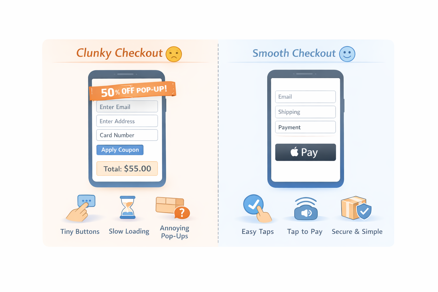Infographic comparing poor vs optimized mobile checkout experiences for e-commerce