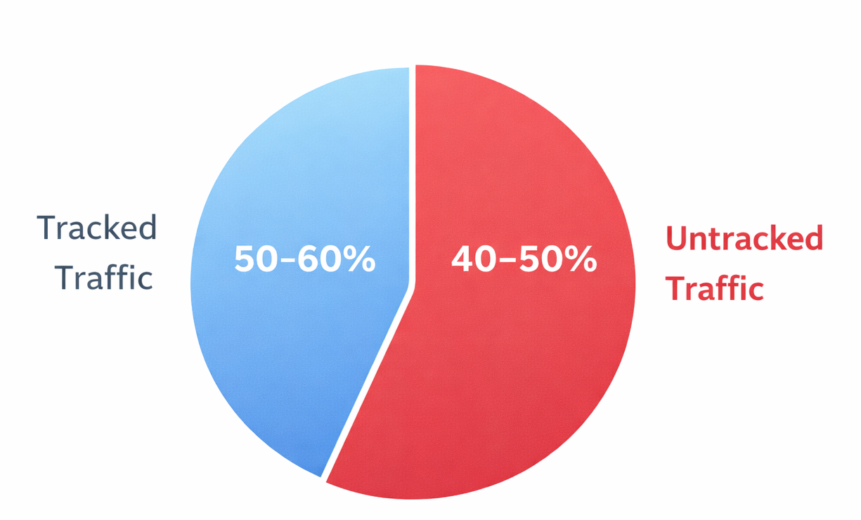 Pie chart showing an estimated split of web traffic into tracked vs untracked segments, with a large untracked portion