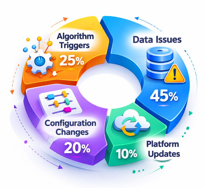 Donut chart illustrating the main causes of optimization cycle resets, including data issues, algorithm triggers, configuration changes, and platform updates