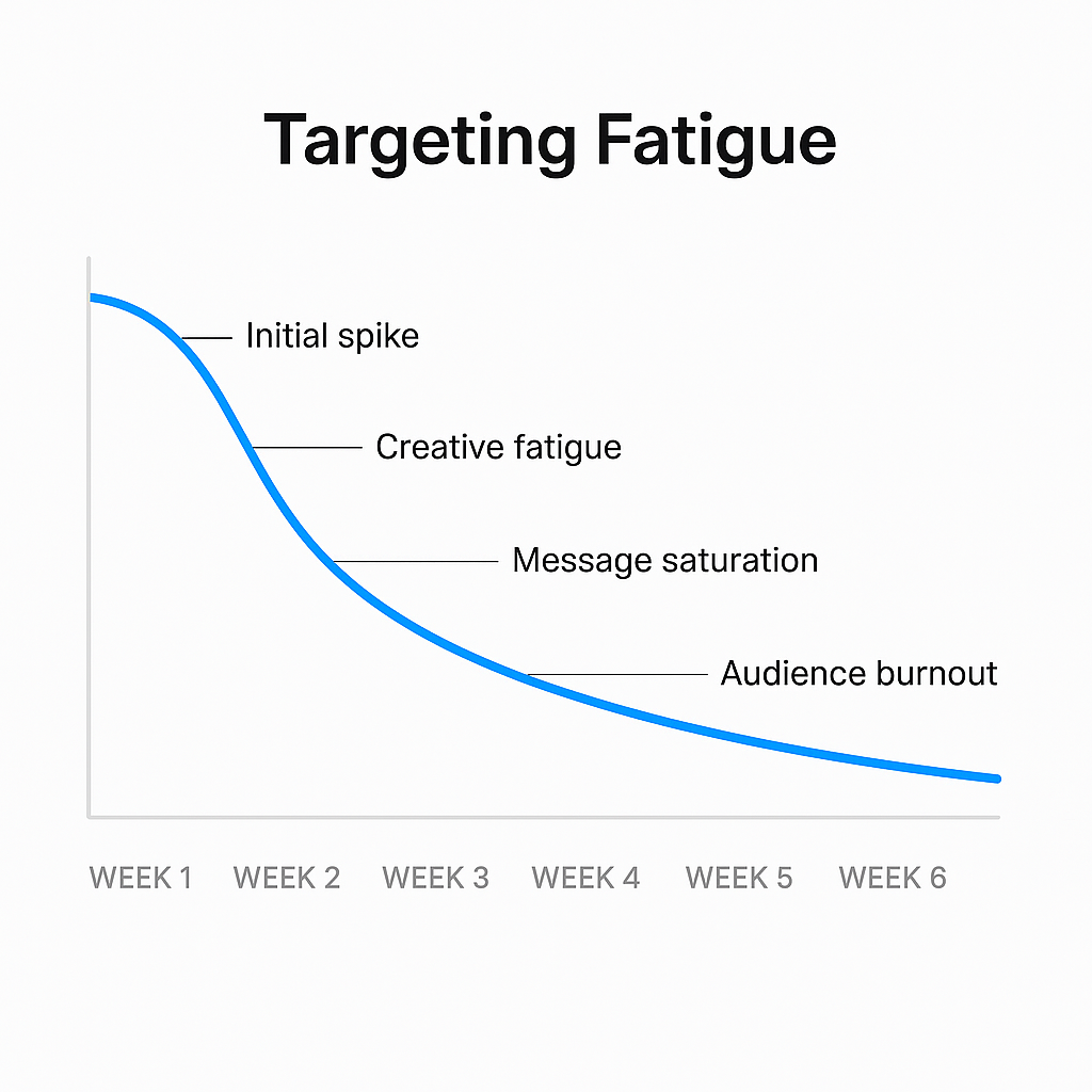 Line graph showing the decline in ad performance over time, labeled with key stages: Initial spike, Creative fatigue, Message saturation, and Audience burnout.