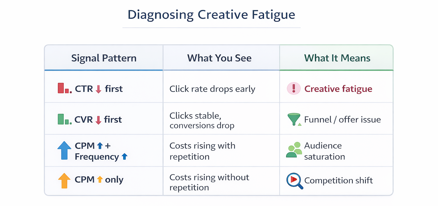 Creative fatigue diagnosis table mapping CTR, CVR, and CPM patterns to causes