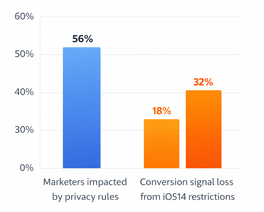Bar chart showing 56% of marketers reporting increased attribution difficulty from privacy rules and 18%&ndash;32% conversion signal loss due to iOS14 tracking limits