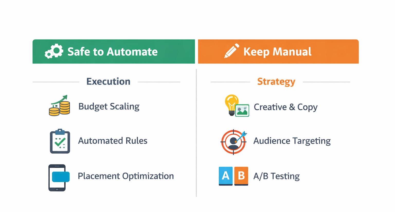 Infographic comparing tasks in Facebook Ads management: what to automate vs what to keep manual, grouped by execution and strategy.