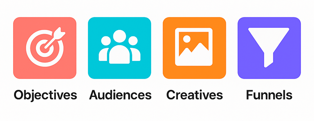 Colorful icons labeled Objectives, Audiences, Creatives, and Funnels on a white background.