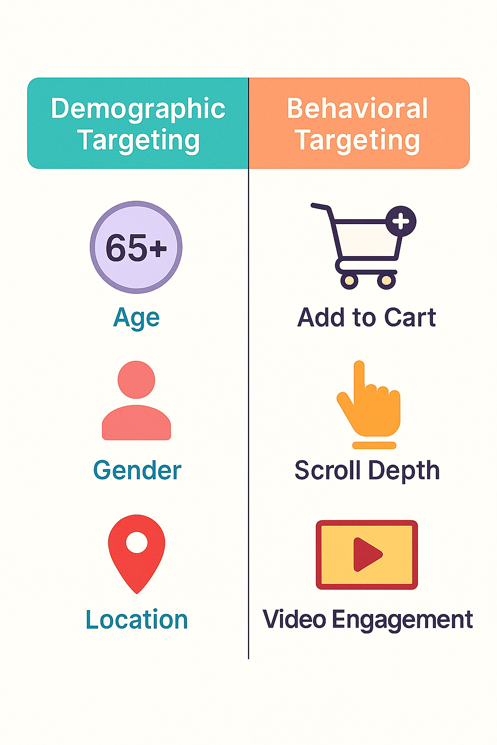 Infographic comparing demographic targeting factors like age, gender, and location with behavioral targeting actions such as add-to-cart, scroll depth, and video engagement.
