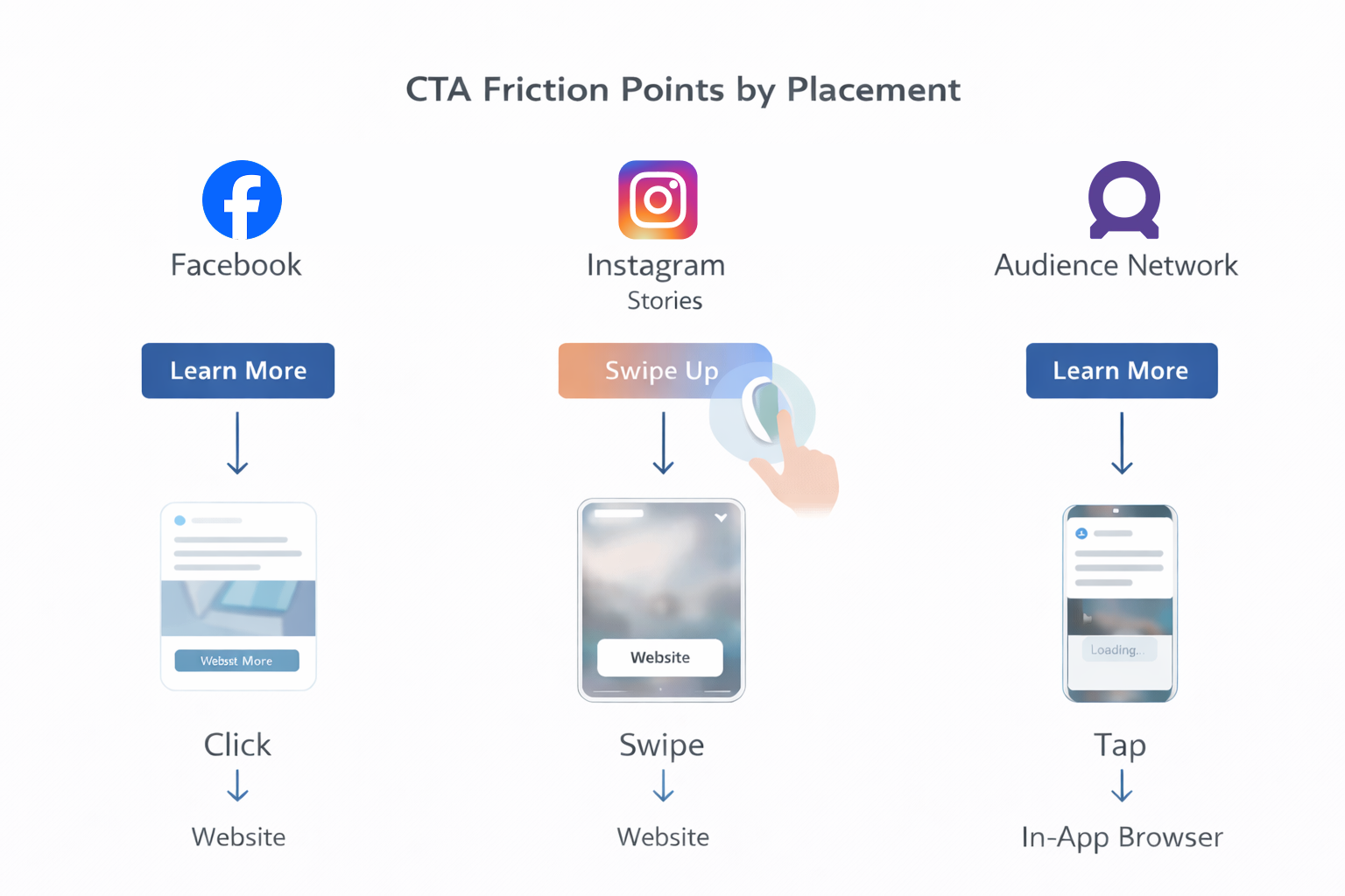CTA journey comparison across Facebook, Instagram Stories, and Audience Network showing user actions and conversion paths.