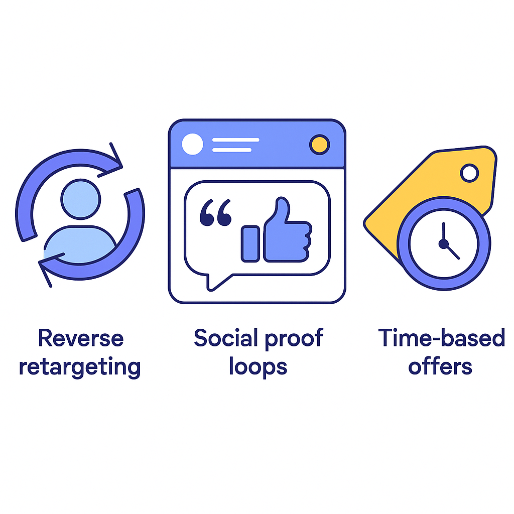 SaaS-style icon set showing reverse retargeting, social proof loops, and time-based offers.