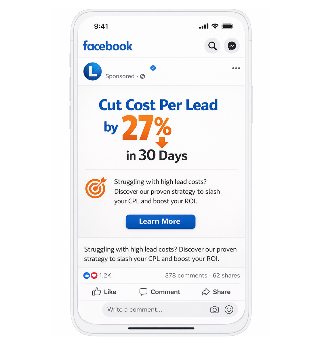 Facebook mobile ad mockup with headline &ldquo;Cut Cost Per Lead by 27% in 30 Days&rdquo; and Learn More CTA