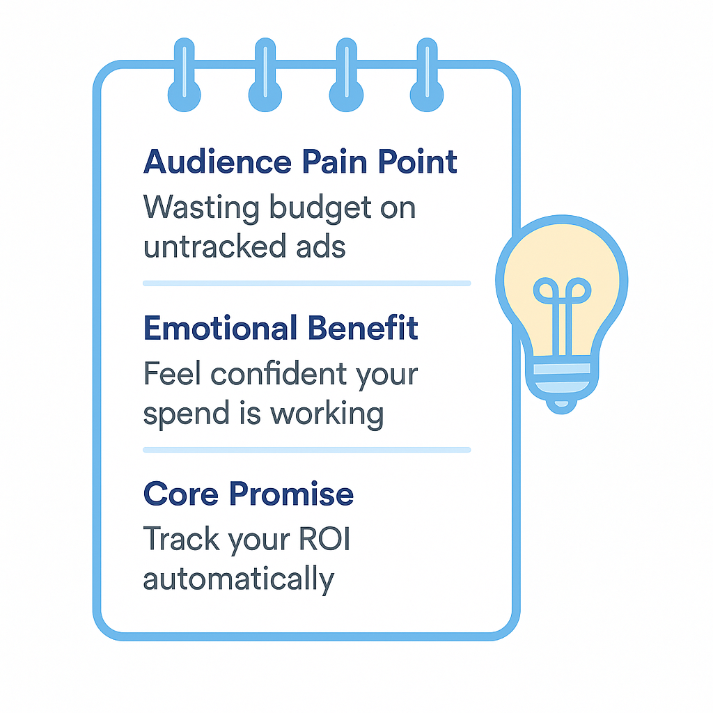 Notepad graphic showing pain point, benefit, and core promise with lightbulb icon